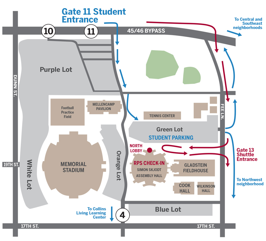 Map showing location of centralized check in at Simon Skjodt Assembly Hall